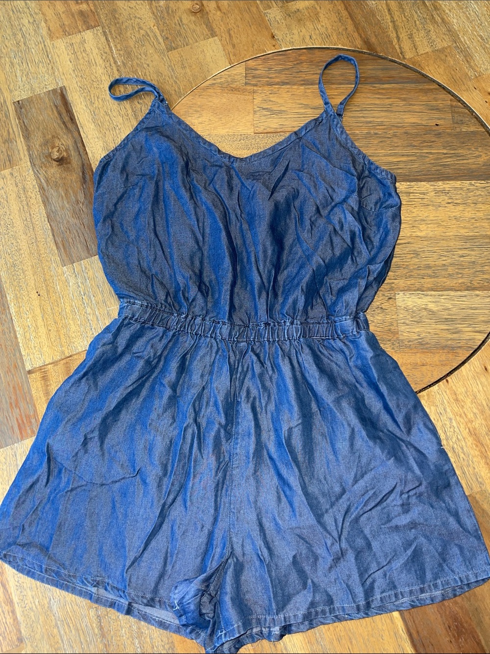Iris Women Blue Denim Look Sleeveless Romper Elastic Waist Pockets Size L